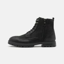 Pier One Hombre LEATHER - Botines Con Cordones - Black